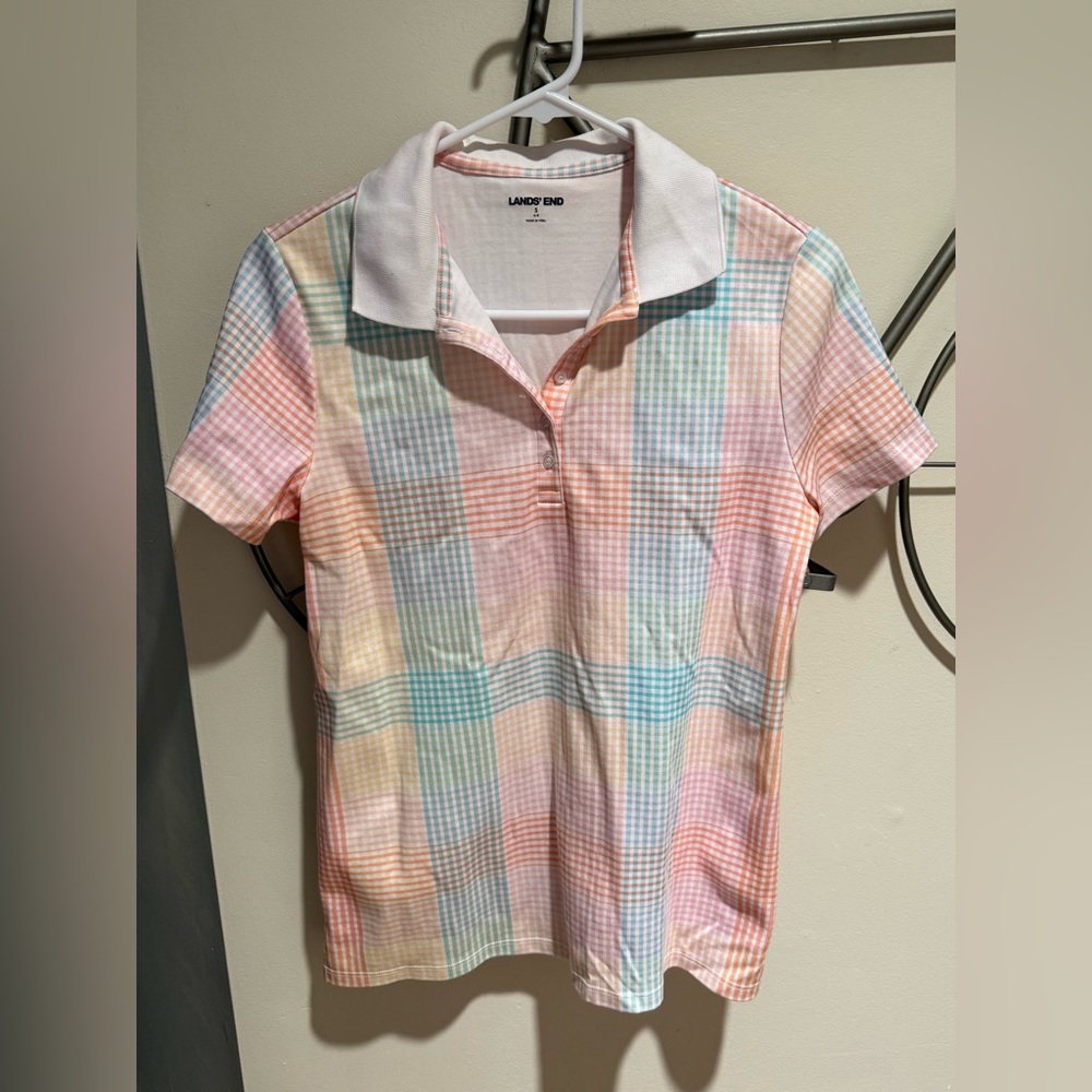 Lands' End White Crewneck Tee Pastel Checkered Pattern Size S